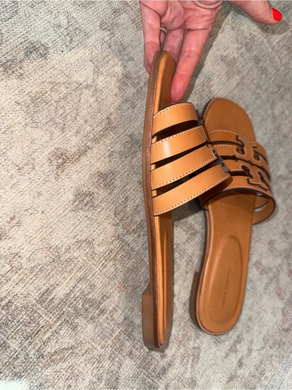 Tory Burch Ines Cognac Leather Triple-Strap Slide Mules - Picture 12 of 16